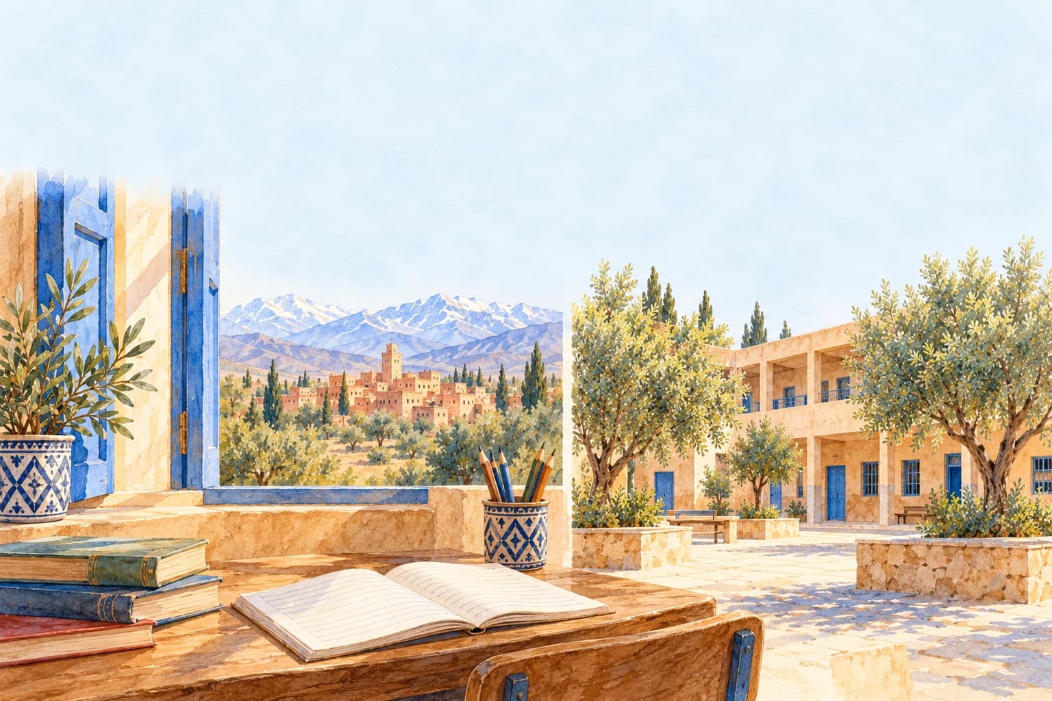 Two separate watercolor panels of school notebooks, one beside a Moroccan blue window and one beside a Bristol-style brick school view
