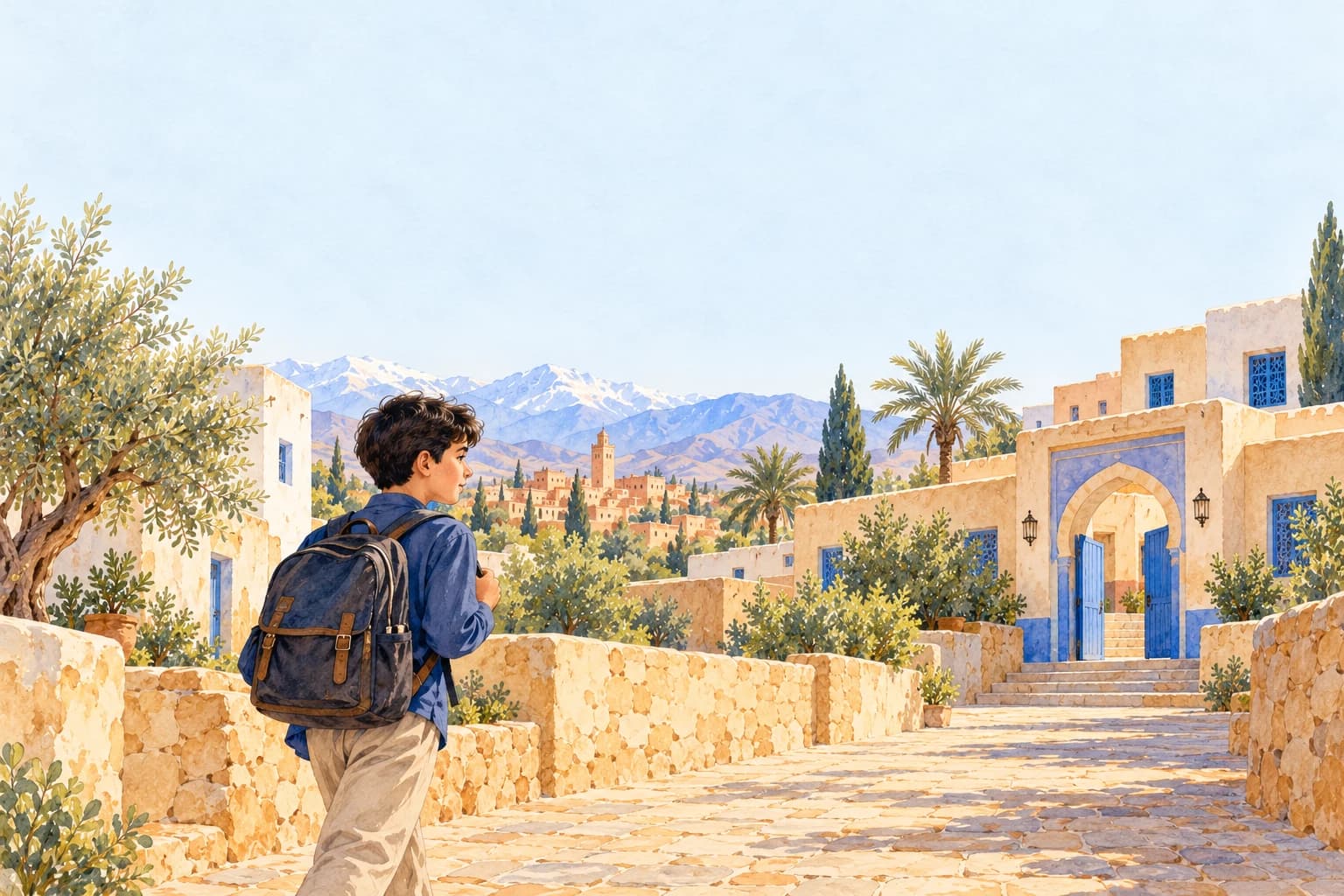 A Moroccan schoolboy walking toward school with a backpack, early morning, modest long sleeves and full-length trousers.