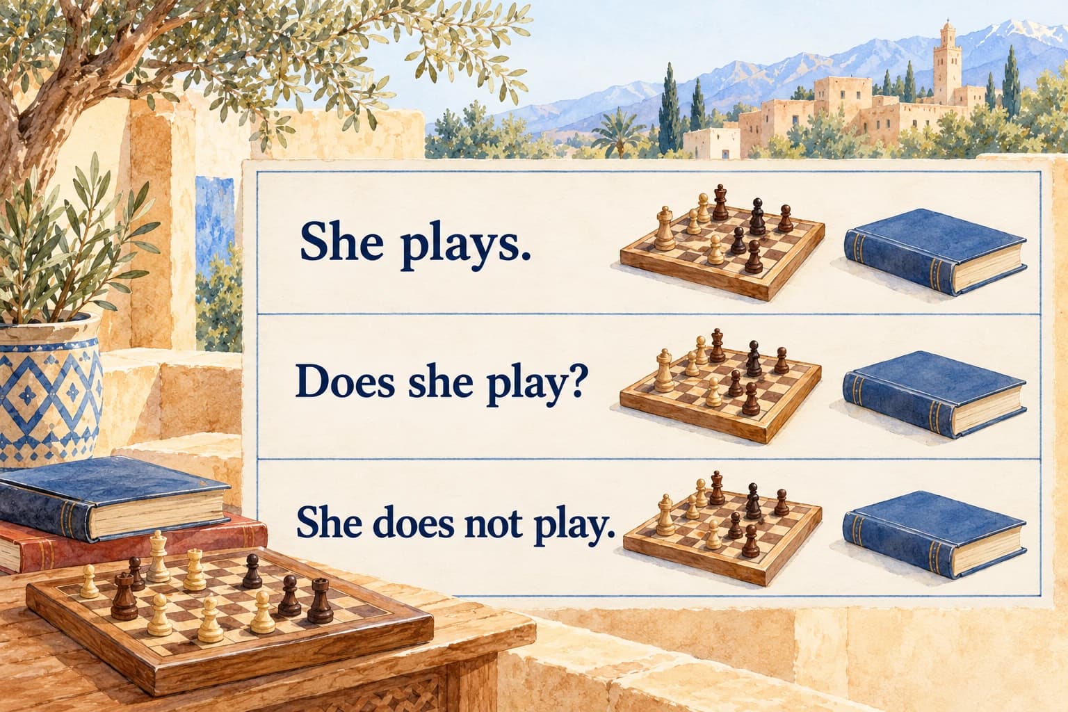 An illustrated grammar comparison, exact rows: She plays. / Does she play? / She does not play