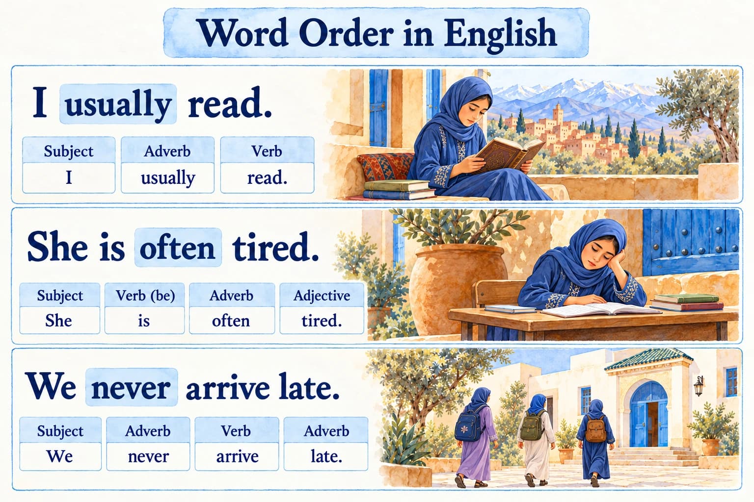 Girls illustrate I usually read, She is often tired, and We never arrive late. Word-order tables show where the frequency adverb belongs.