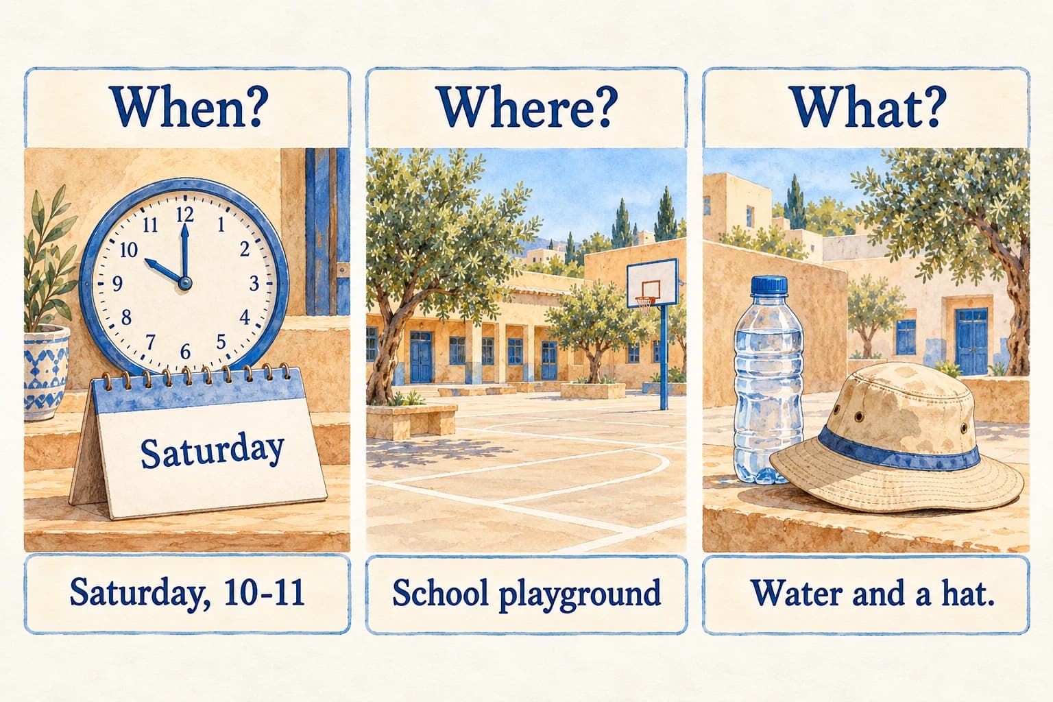 Three illustrated evidence boxes, headings When? / Where? / What? with exact answers Saturday, 10-11 / School playground / Water and a hat.
