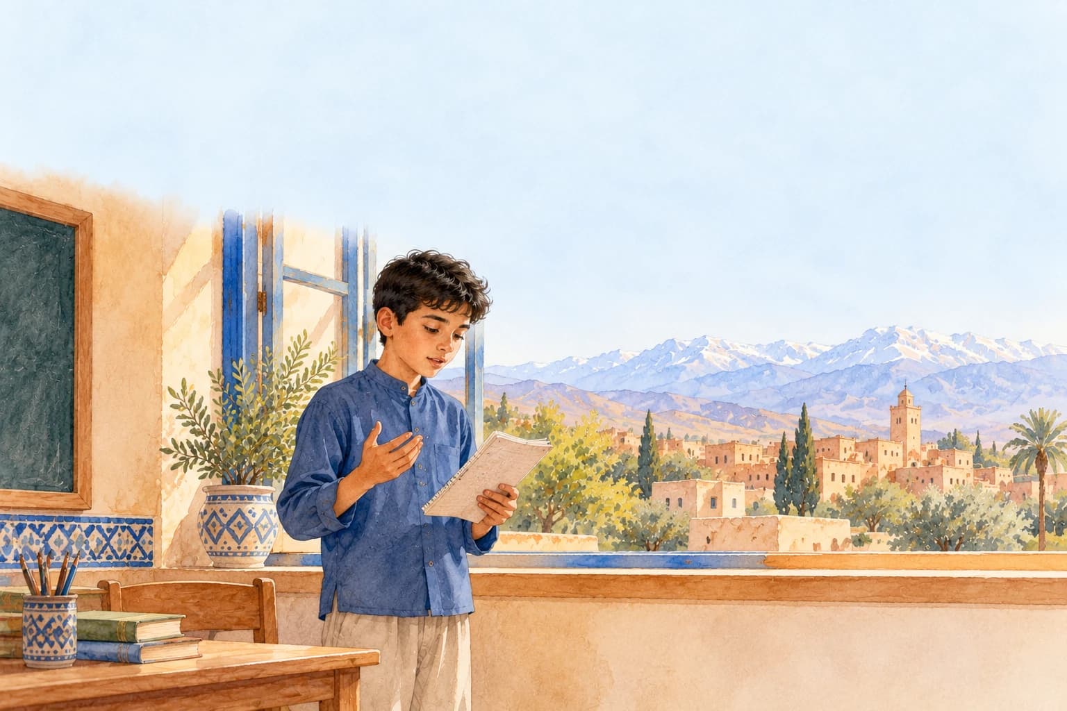 Reading: a feelings poem - illustration One Moroccan schoolboy quietly rehearsing a poem beside a classroom window with a small notebook,