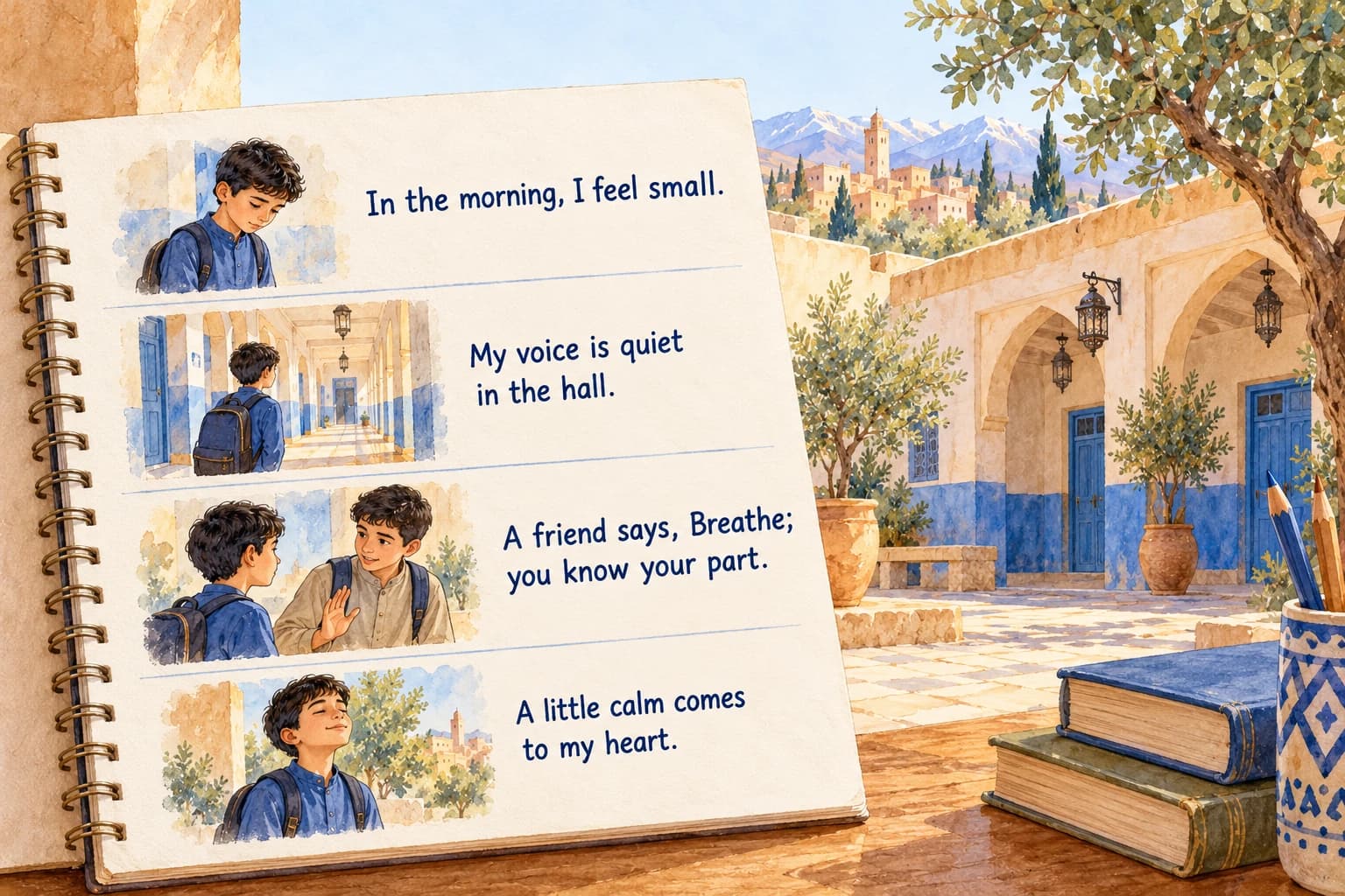 Reading: a feelings poem - teaching illustration 2 A pale watercolor notebook with four clearly readable original lines: In the morning, I feel small. / My voice is quiet in the hall. / A friend says, Breathe; you know your part. / A little calm comes to my heart
