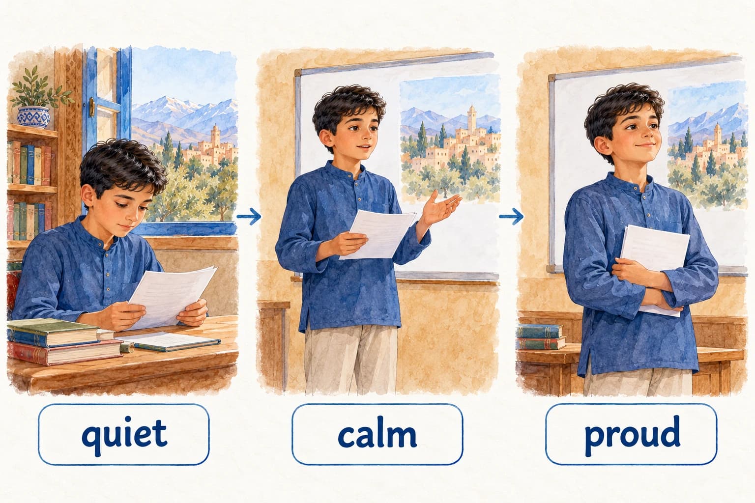 Reading: a feelings poem - teaching illustration 3 Three separated scenes of the same modest schoolboy before, during and after a school presentation