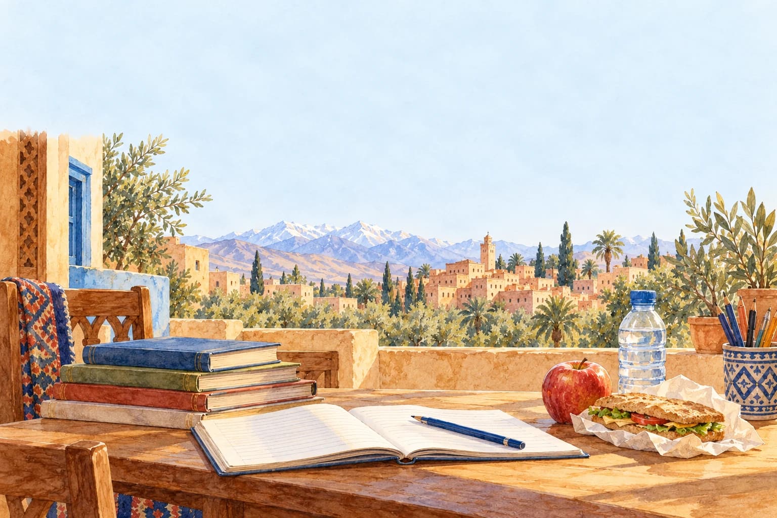 An English revision desk with a timetable, school books, apple, sandwich and water bottle,