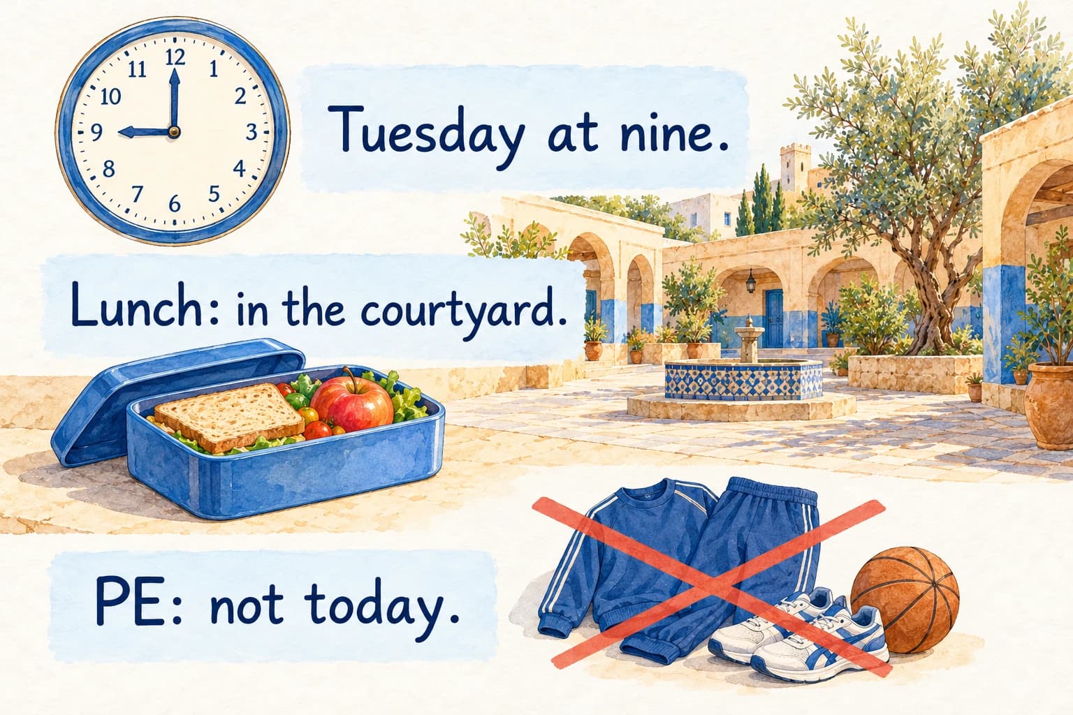 A practice reading note, exact text English: Tuesday at nine. / Lunch: in the courtyard. / PE: not today