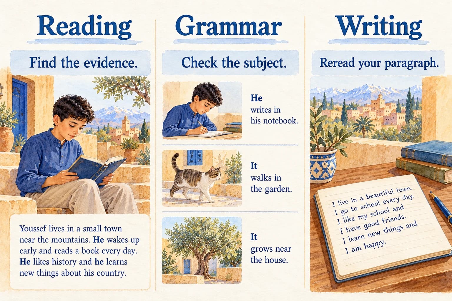 Three revision columns, exact headings Reading / Grammar / Writing