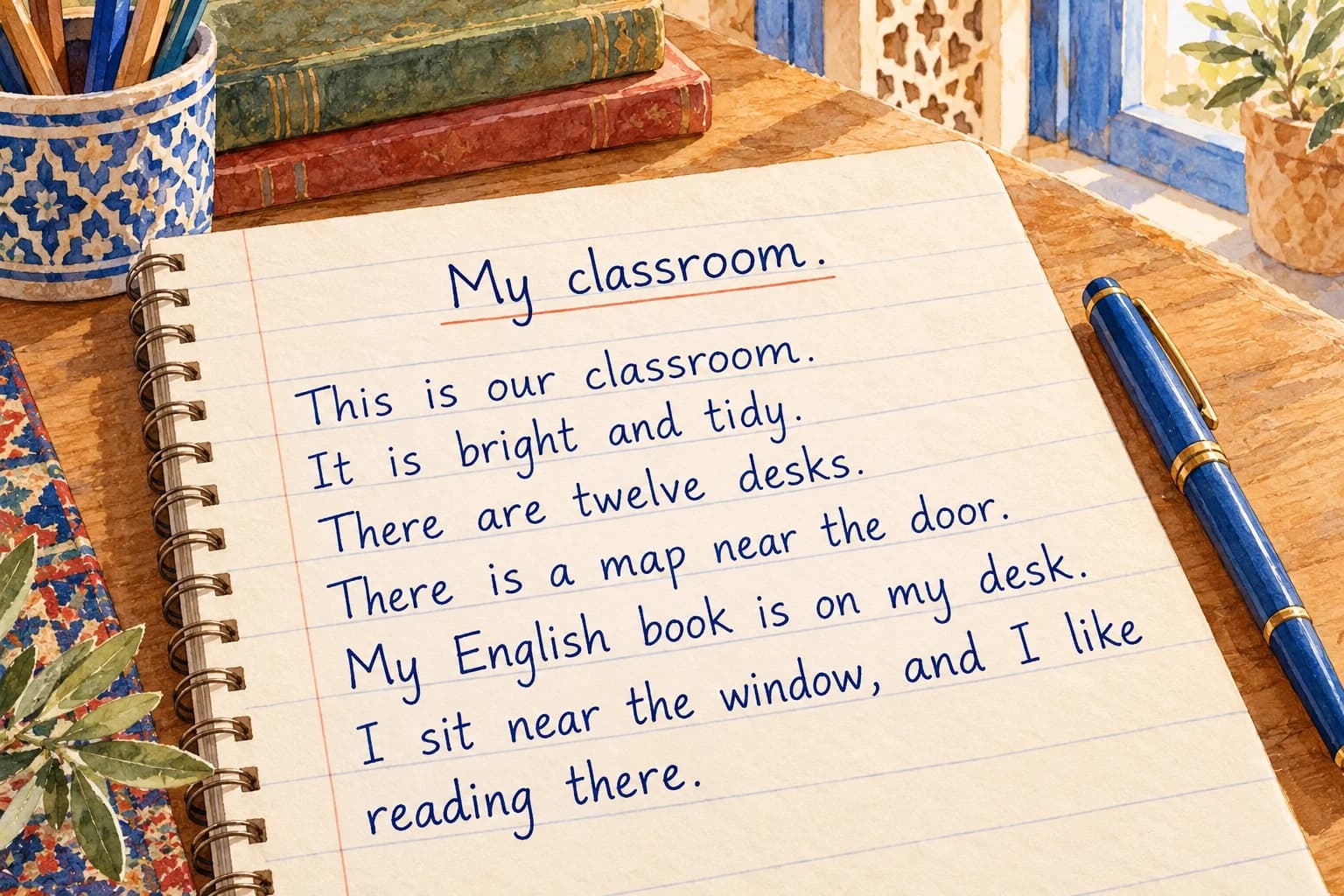 Completed original English writing example: My classroom