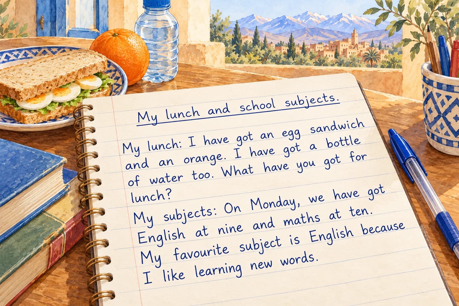 Completed original English writing example: My lunch and school subjects