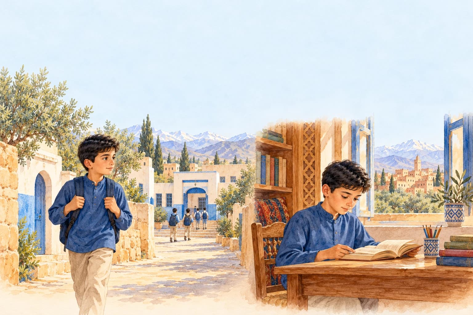 Two separate watercolor panels of the same boy: walking to school in morning, reading at home now, modest clothing.
