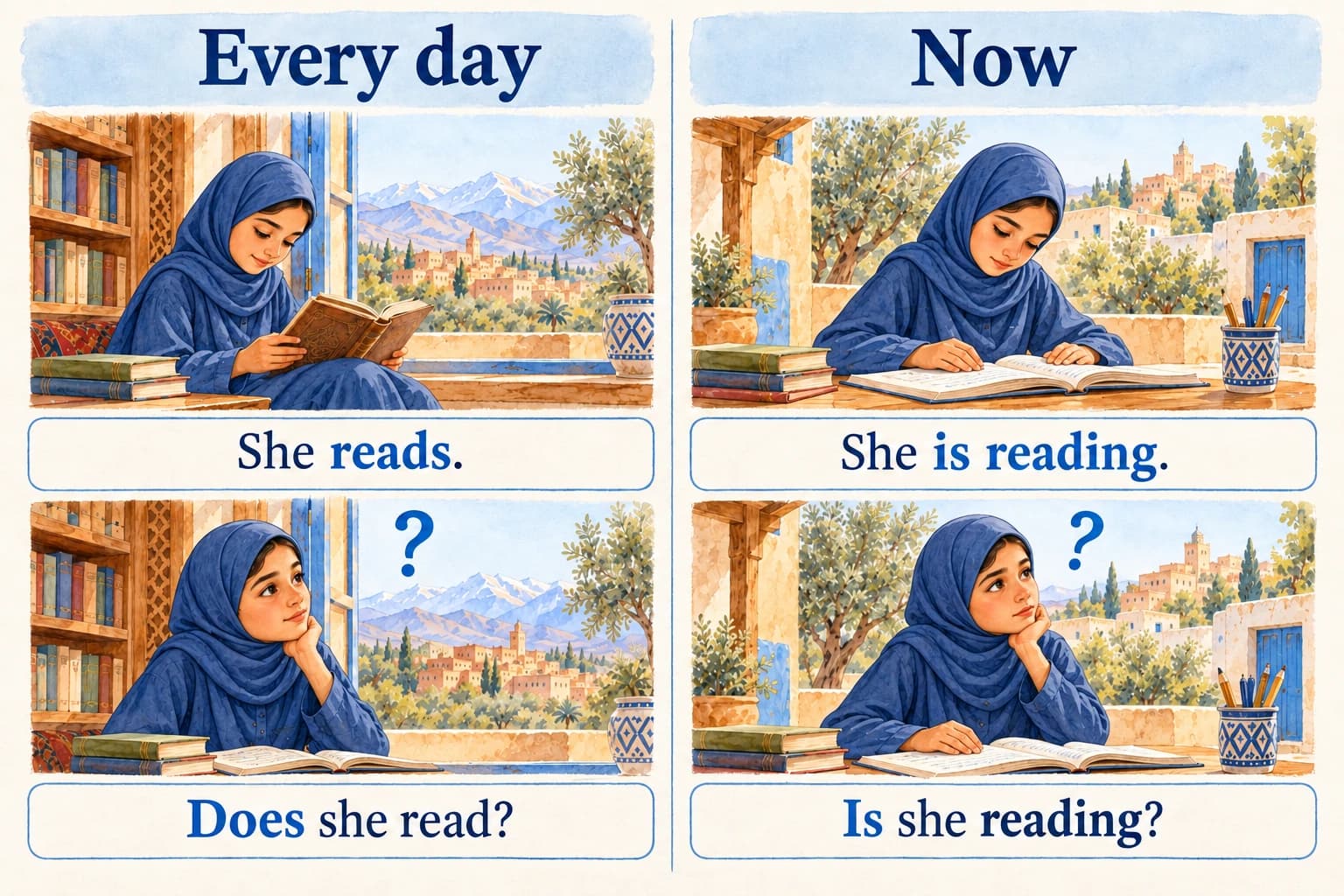 A girl reads in four panels comparing Every day and Now: She reads, She is reading, Does she read, and Is she reading.