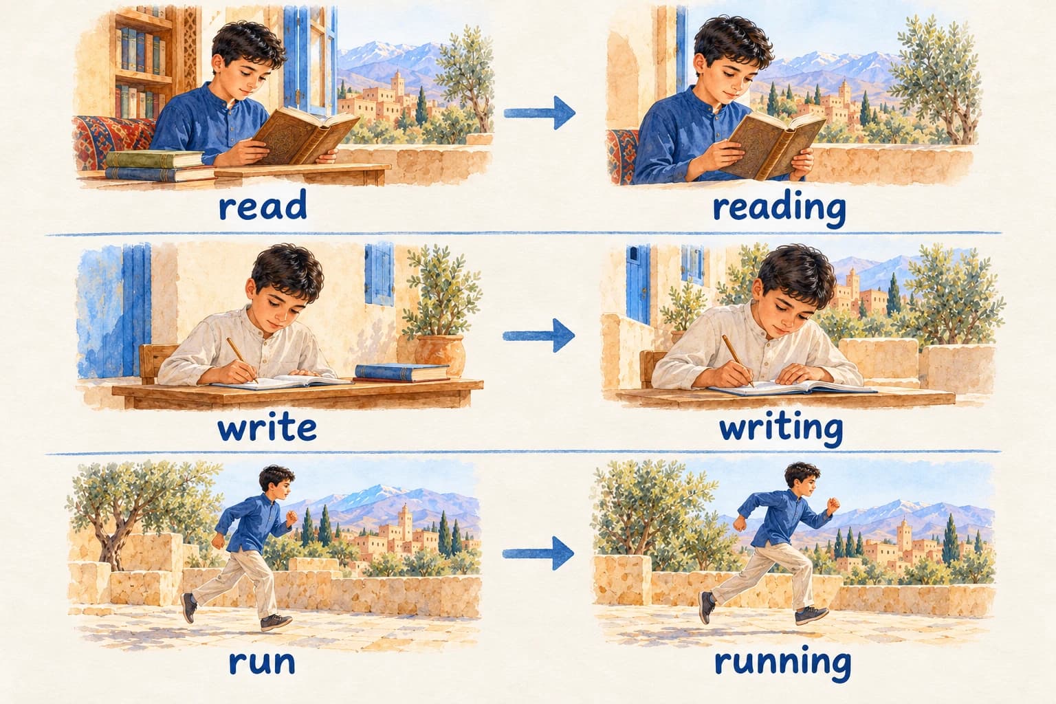 Three handwritten spelling pairs with small drawings: read - reading; write - writing; run - running