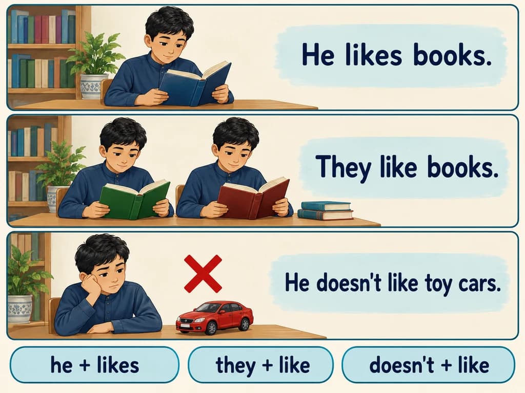 One boy and two boys illustrate the change from He likes books to They like books, followed by a negative sentence.