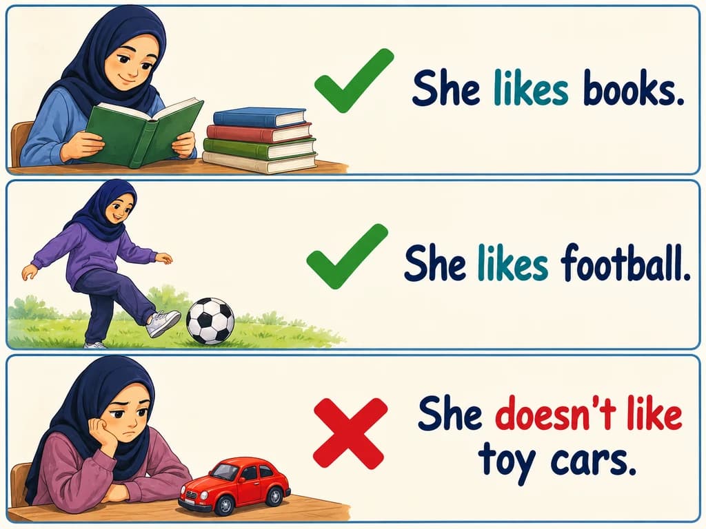 Three girls show preferences for books and football and a dislike of toy cars, marked by ticks and a cross.