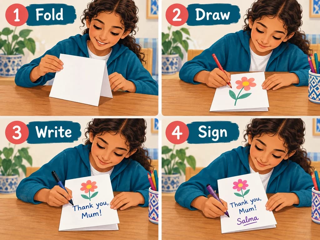 A girl folds a card, draws a flower, writes Thank you Mum and signs her name in four numbered steps.