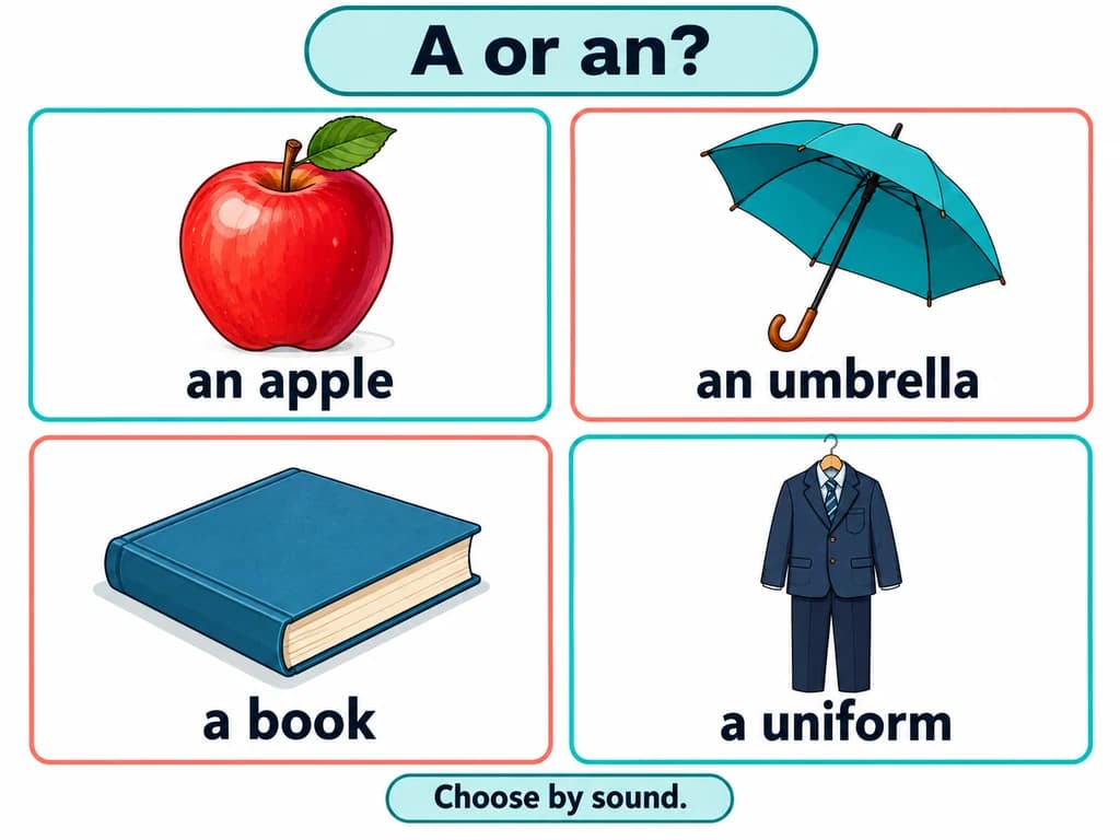 Four objects demonstrate a/an: an apple, an umbrella, a book and a uniform. English 3AC Unit 1.