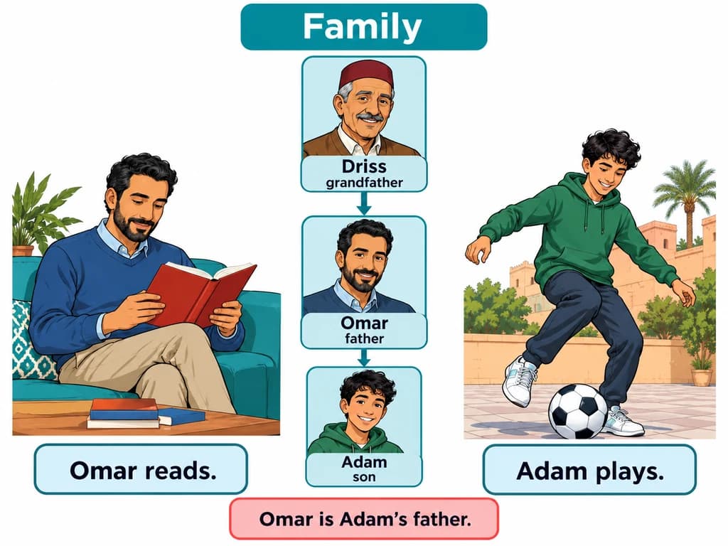 A three-generation family diagram connects grandfather Driss, father Omar and son Adam. English 3AC Unit 3.