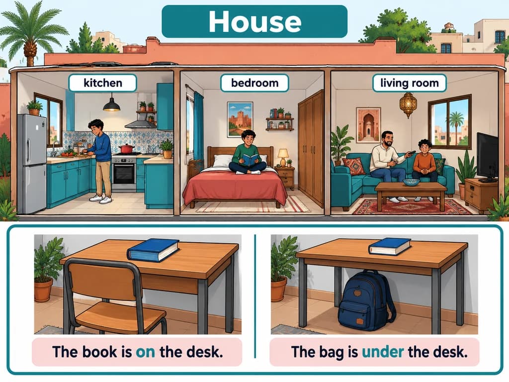 A cutaway house shows a kitchen, bedroom and living room; a close-up shows a book on a desk and a bag under it. English 3AC Unit 5.