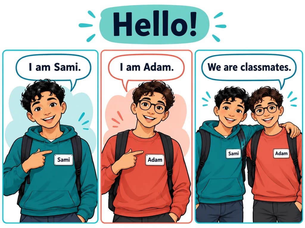 Two Moroccan schoolboys introduce themselves; a third panel shows the two classmates together. English 3AC Unit 1.
