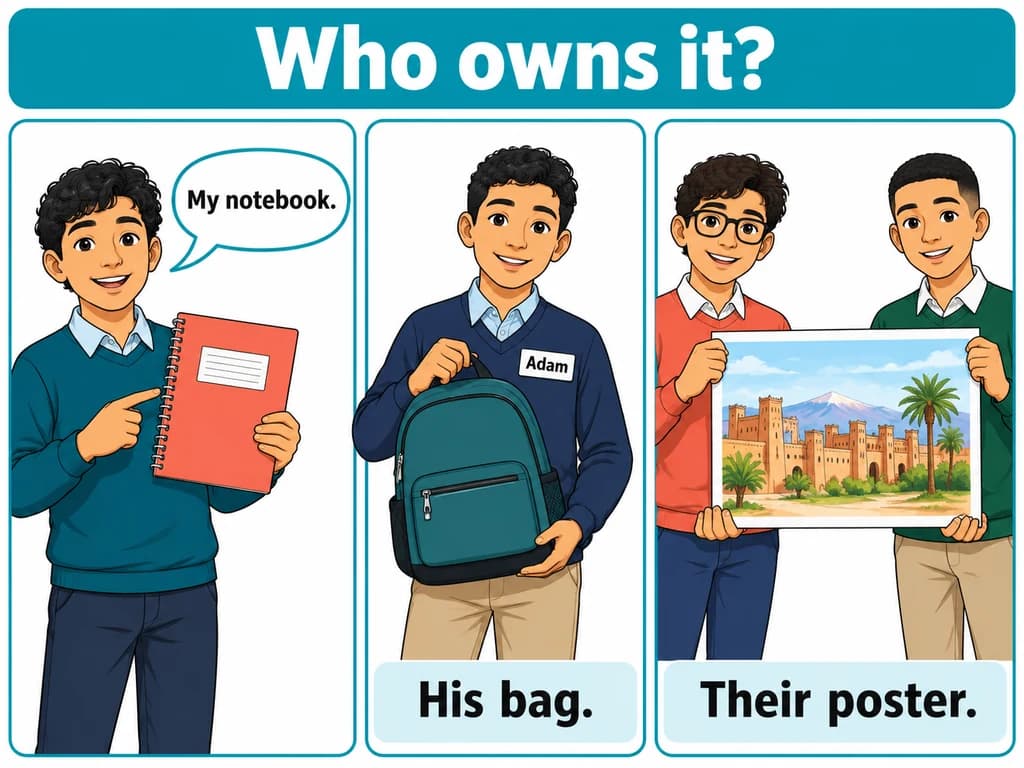 A schoolboy names his own notebook, another panel names Adam’s bag, and two boys share a poster. English 3AC Unit 3.