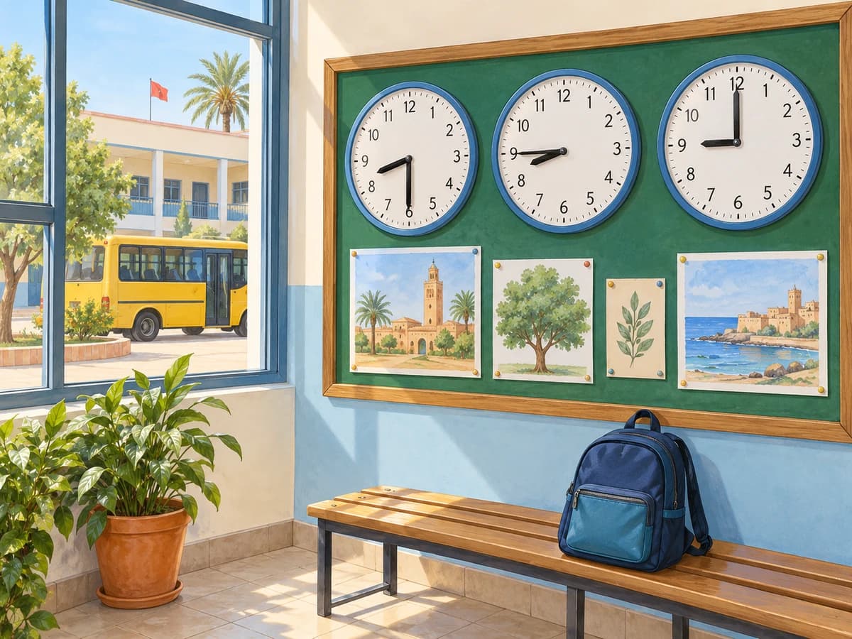 Three analogue clocks, school materials and a bus seen through a classroom window.