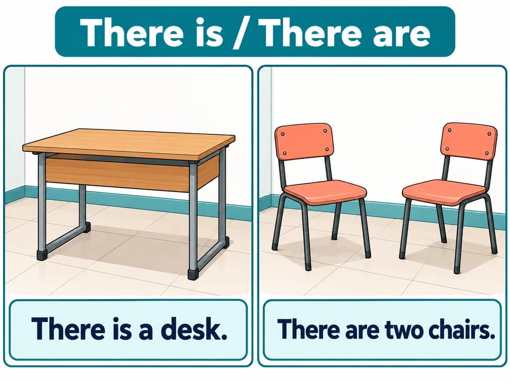 One desk and exactly two chairs illustrate singular and plural existence in a house. English 3AC Unit 5.