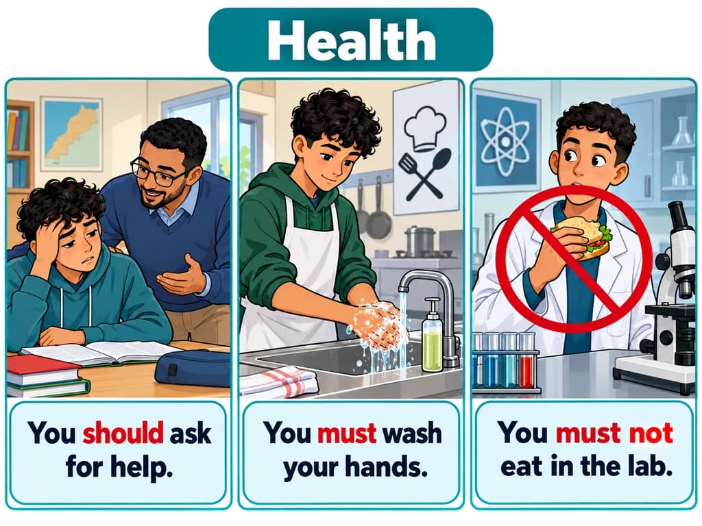 A pupil asks an adult for help; classroom posters distinguish advice, a required action and a forbidden action. English 3AC Unit 12.