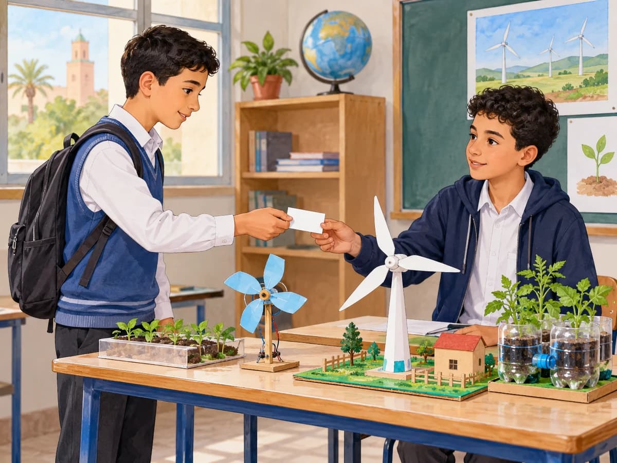 One pupil gives another an event card beside a school science display.