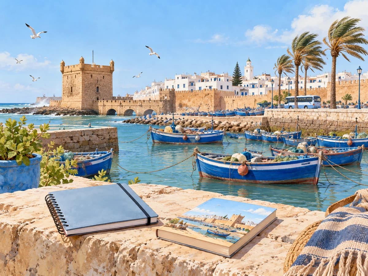 A windy Essaouira harbour with boats, a notebook and a storybook.