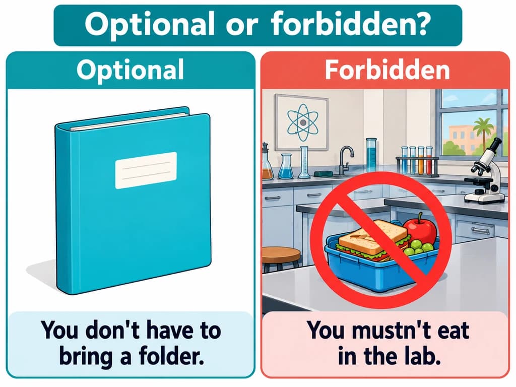 Two rule cards contrast an optional folder with a prohibition on food in a laboratory. English 3AC Unit 12.
