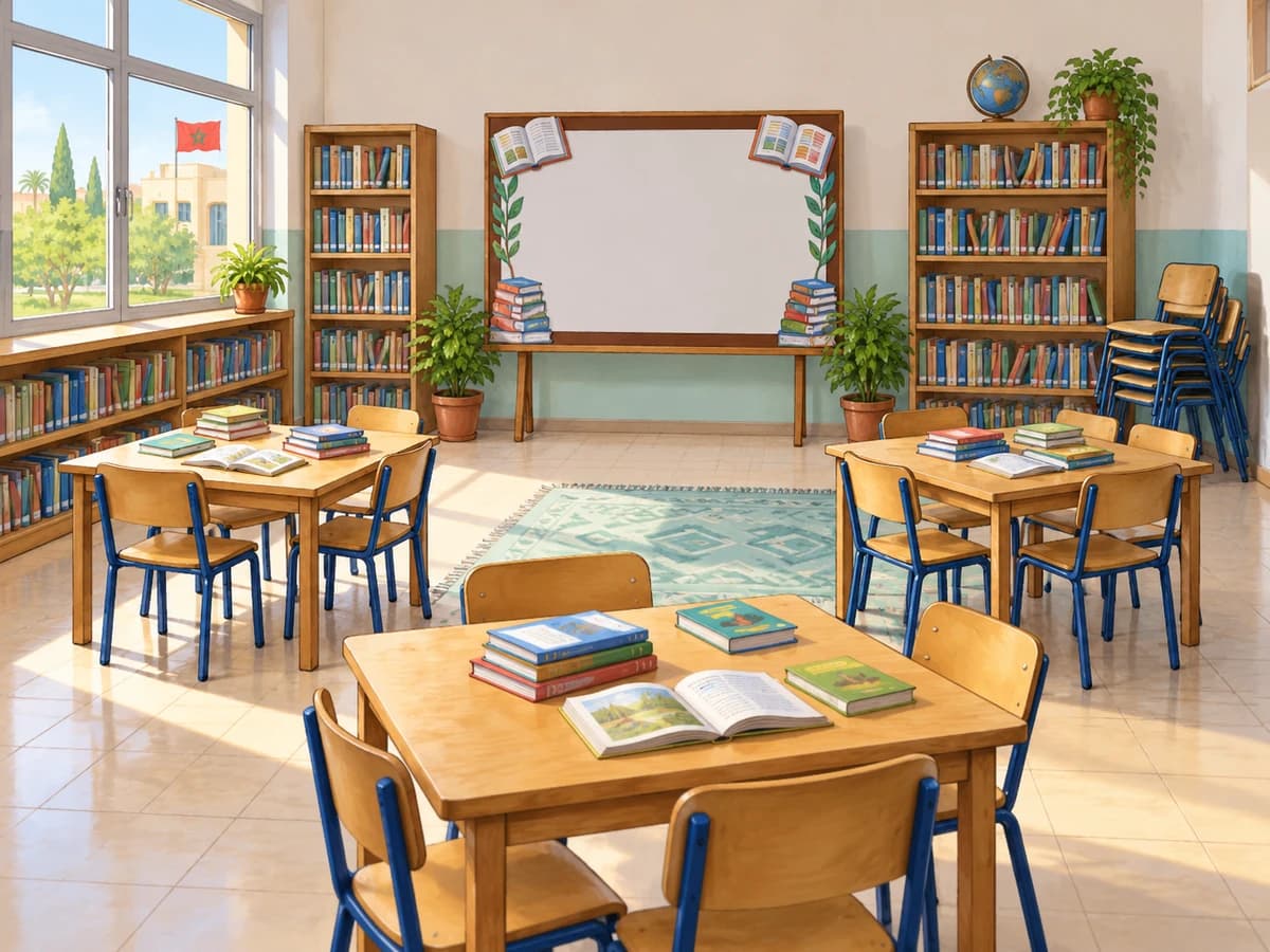 Three reading tables and a book display remain in a school library after an event.