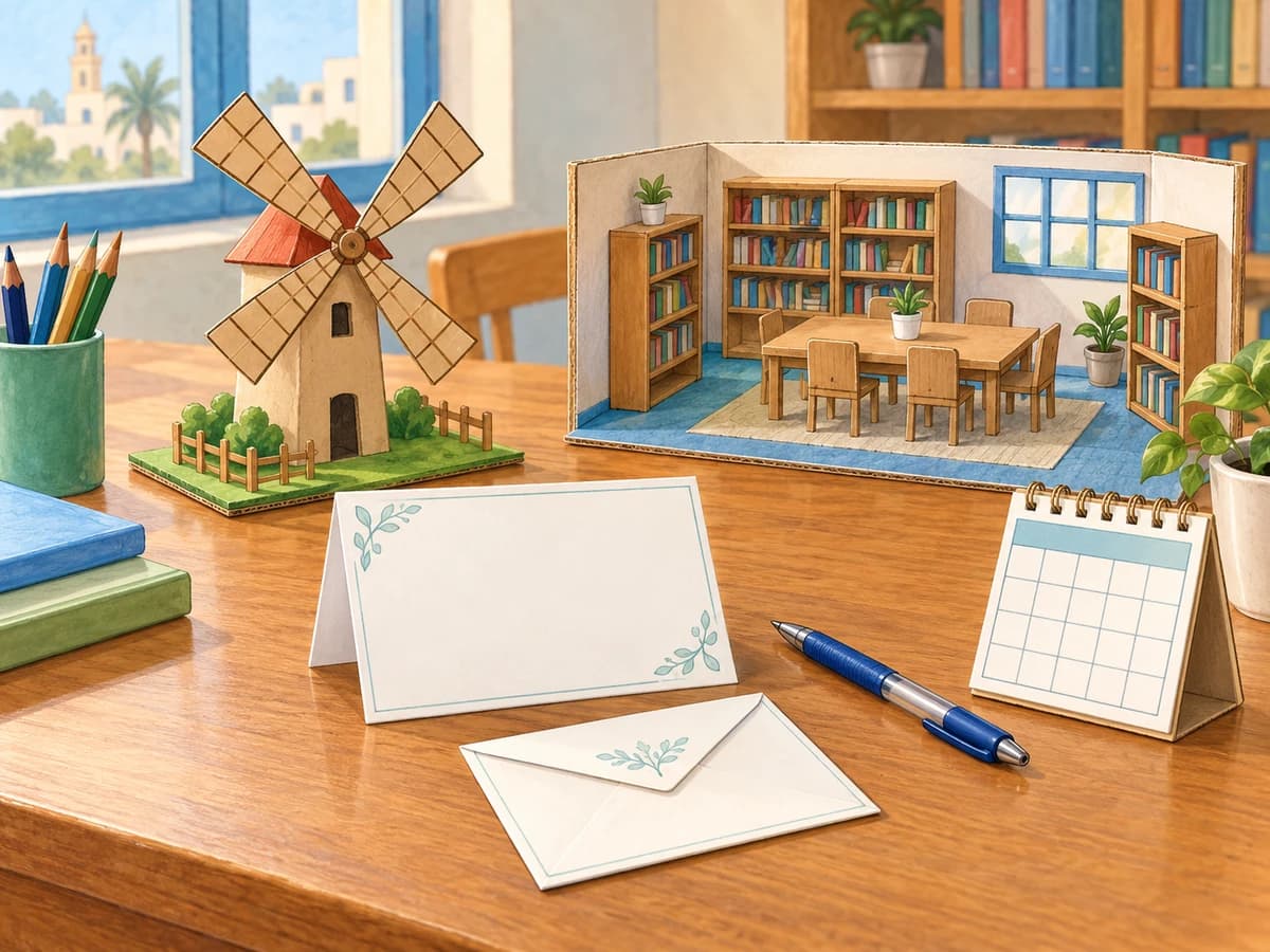 A blank invitation card and envelope beside a small school windmill model.