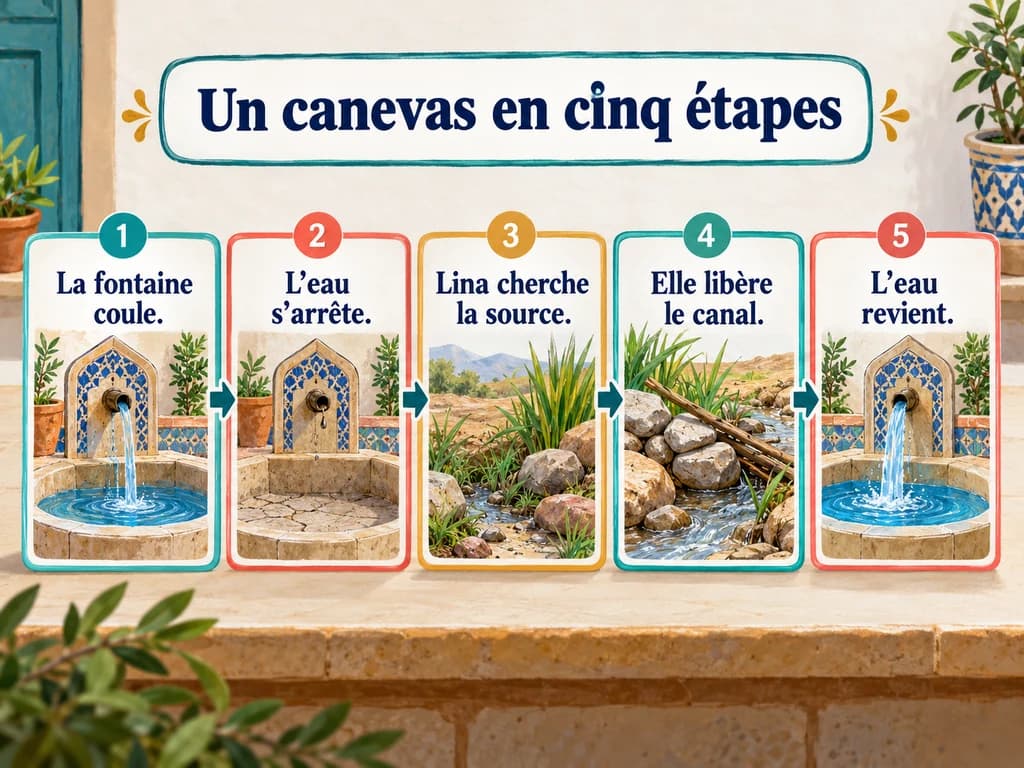 Cinq cartes résument la fontaine qui coule, l’arrêt de l’eau, la recherche, le canal libéré et le retour de l’eau.