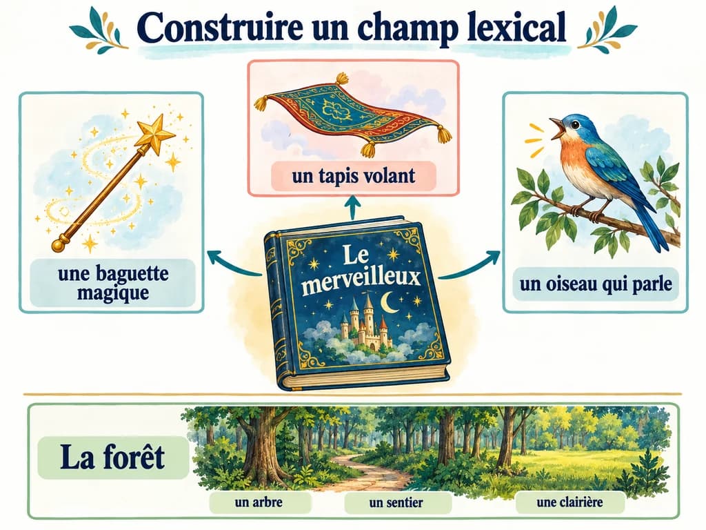 Une baguette magique, un tapis volant et un oiseau qui parle illustrent le merveilleux ; arbre, sentier et clairière évoquent la forêt.