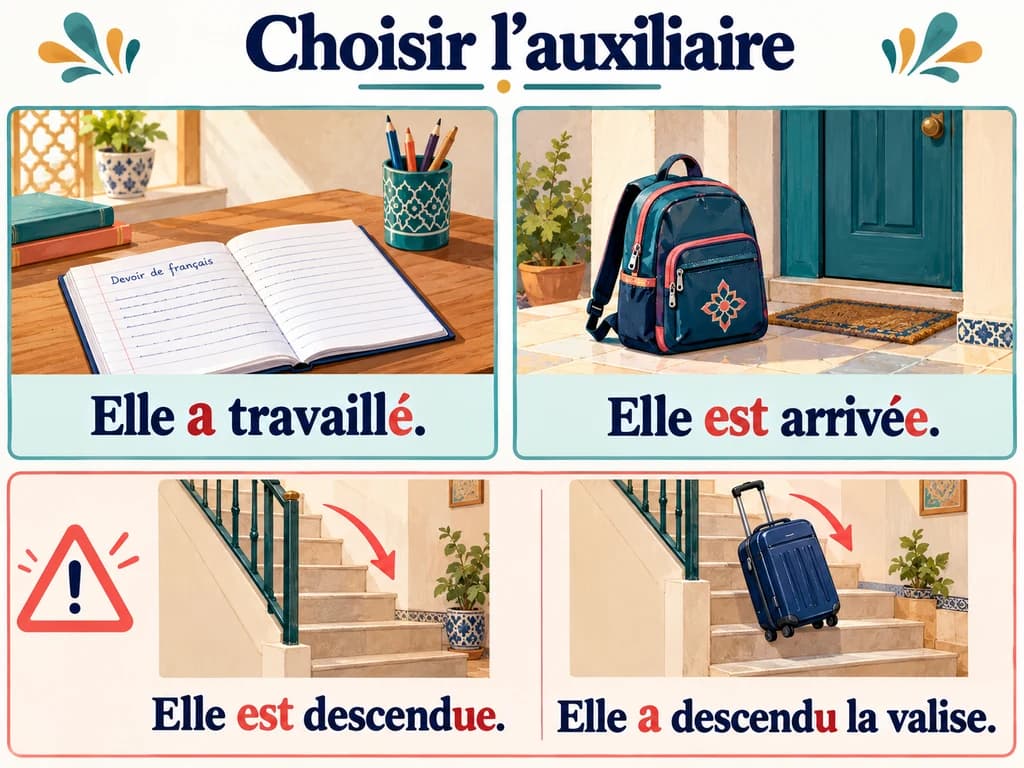 Quatre exemples comparent elle a travaillé, elle est arrivée, elle est descendue et elle a descendu la valise.
