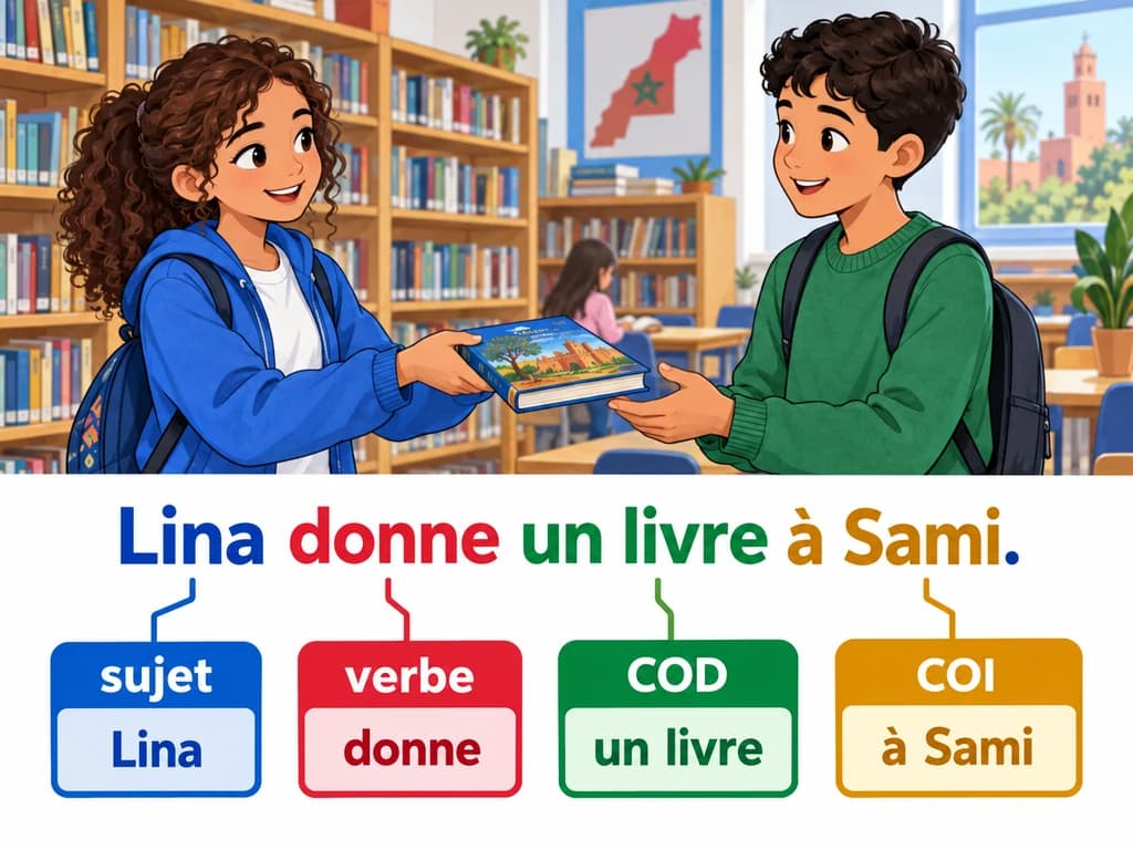 Lina donne un livre à Sami ; la phrase distingue le sujet, le verbe, le COD un livre et le COI à Sami.