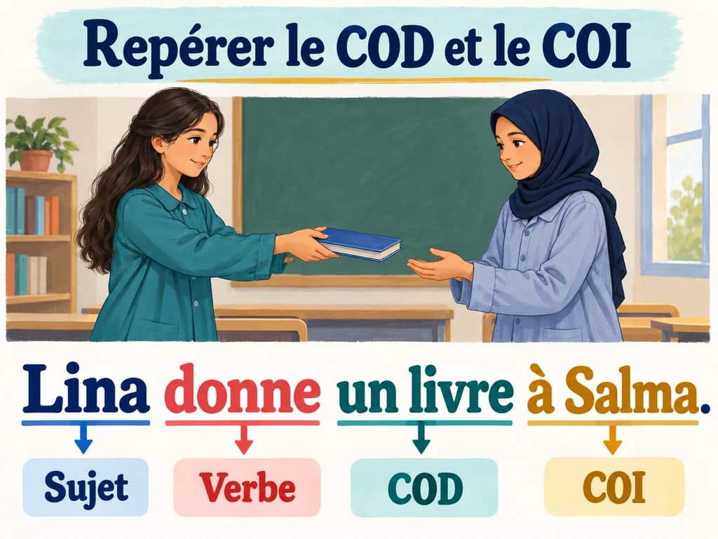Lina donne un livre à Salma ; Lina est sujet, donne est verbe, un livre est COD et à Salma est COI.