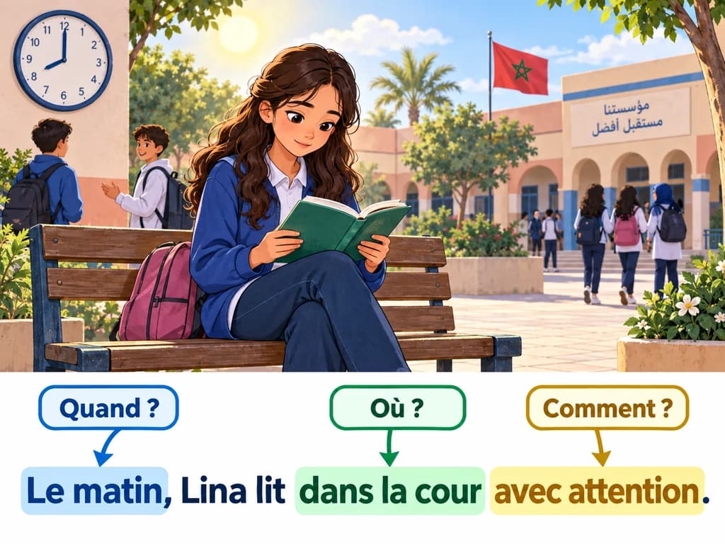 Lina lit dans la cour le matin ; trois repères interrogent le moment, le lieu et la manière de lire.