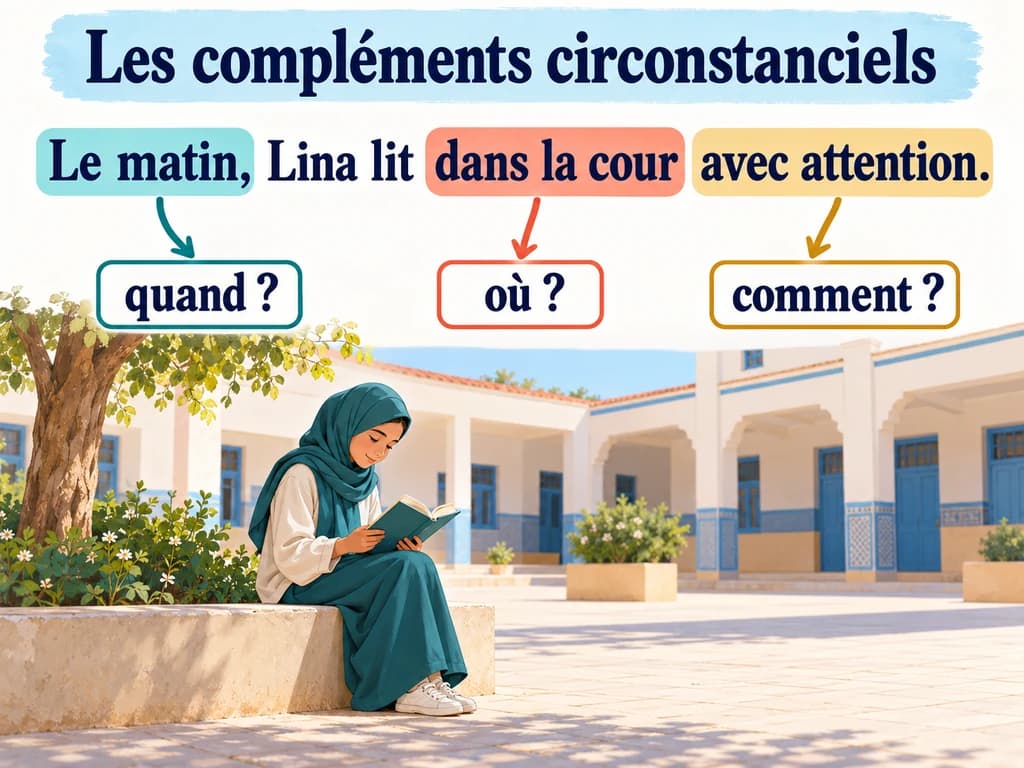 Une jeune fille lit seule dans une cour ; Le matin, dans la cour et avec attention sont reliés à quand, où et comment.