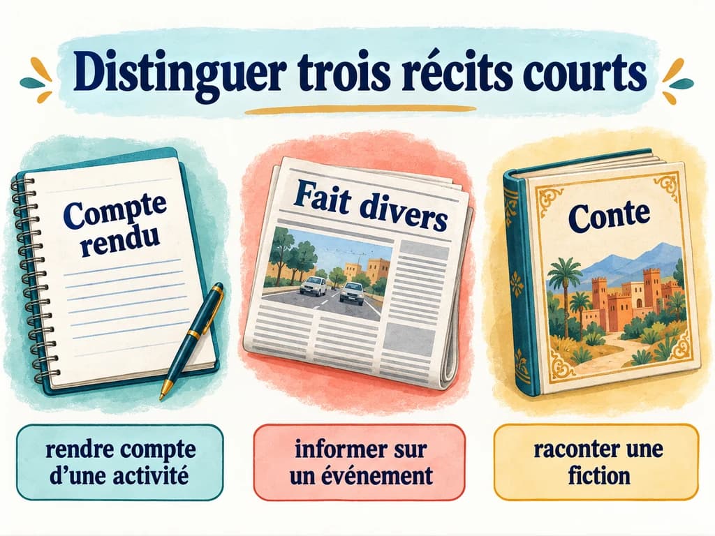 Un cahier, un journal et un livre distinguent le compte rendu d’activité, le fait divers et le conte.