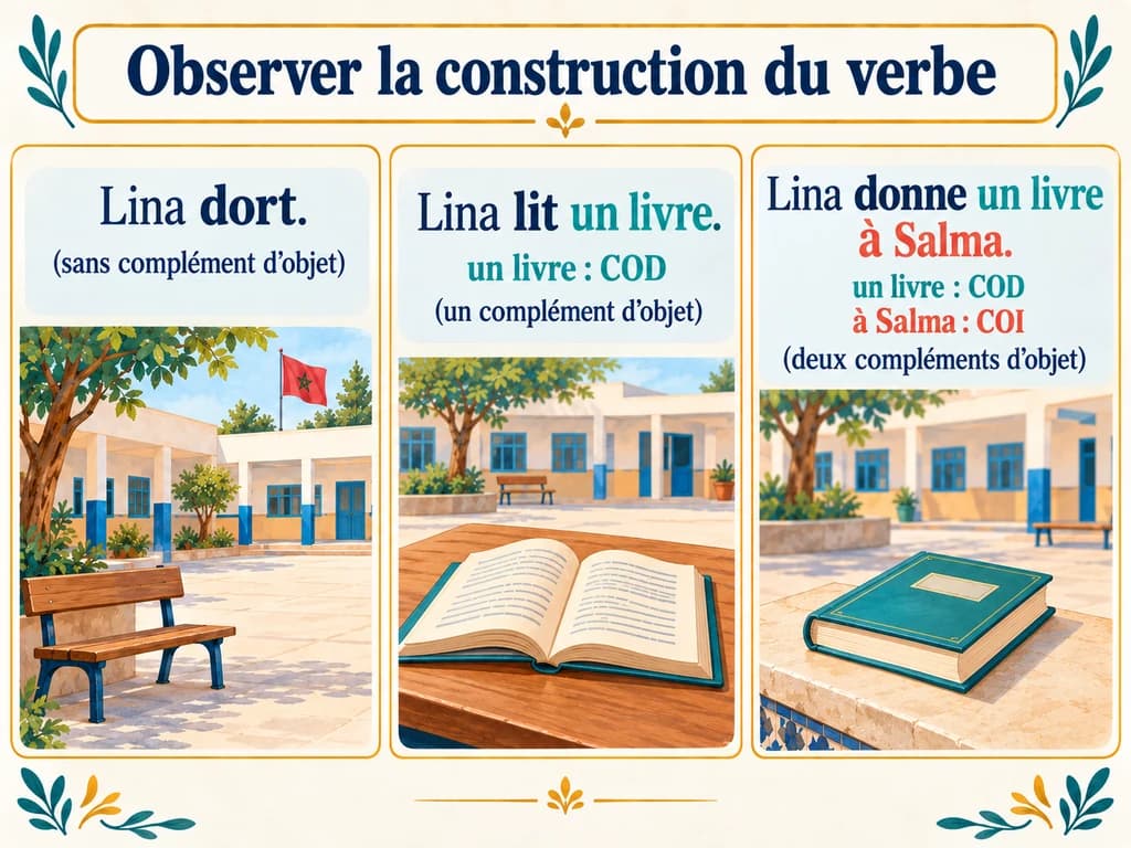 Trois phrases comparent Lina dort, Lina lit un livre et Lina donne un livre à Salma, avec les compléments nommés dans le texte.