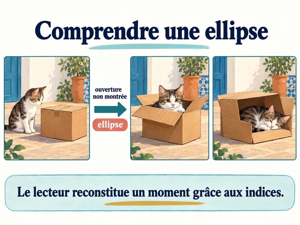 Un chat est devant une boîte fermée puis dans la boîte ouverte ; l’ouverture n’est pas montrée entre les vignettes.
