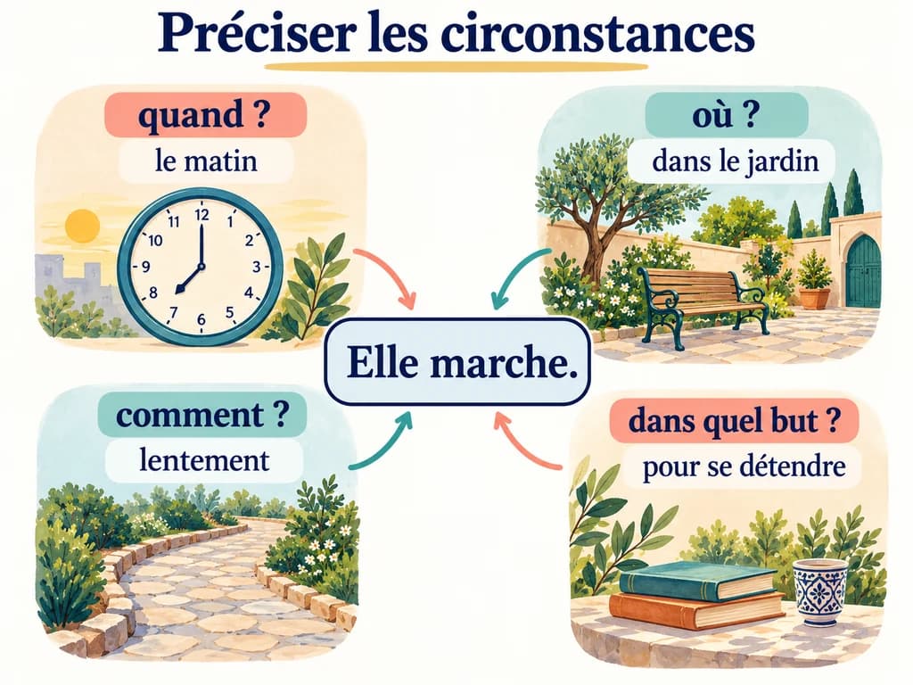 Autour de Elle marche, quatre repères ajoutent le matin, dans le jardin, lentement et pour se détendre.