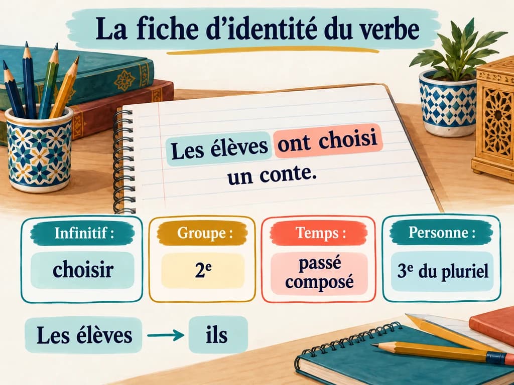 La phrase Les élèves ont choisi un conte est analysée : choisir, deuxième groupe, passé composé, troisième personne du pluriel.