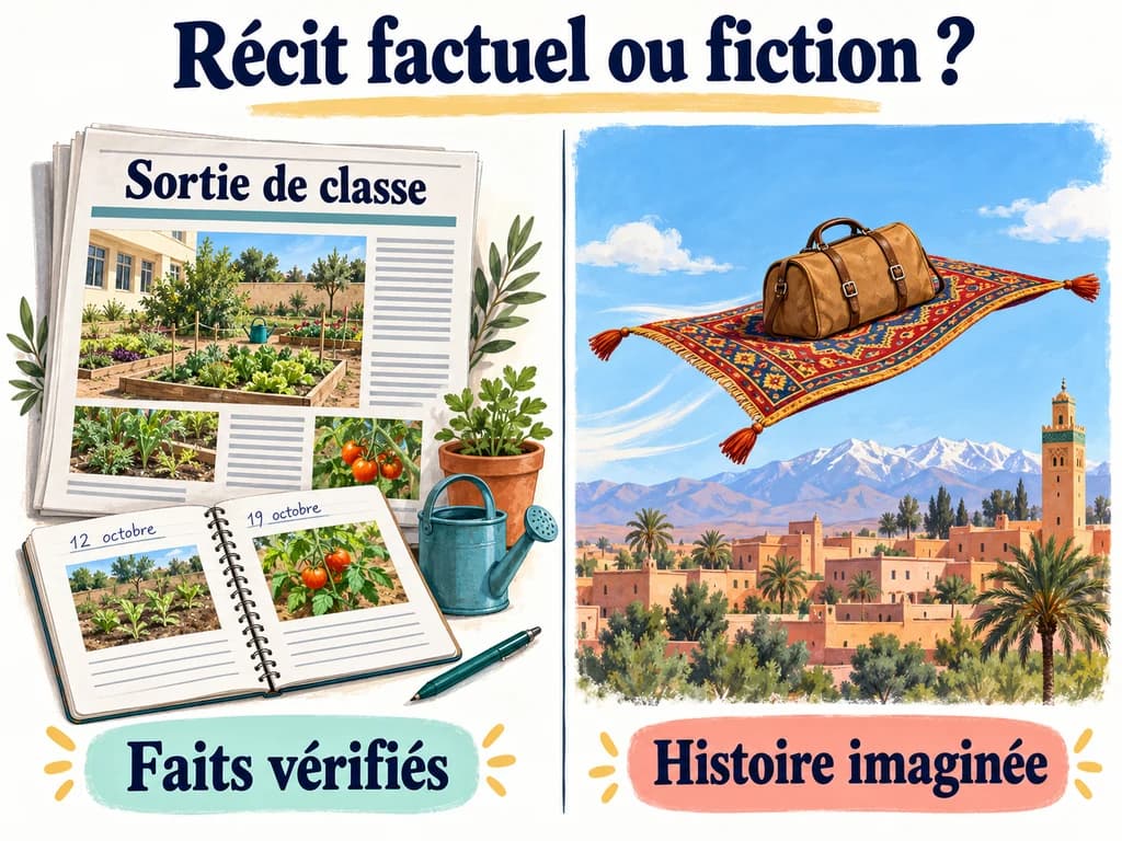 Un journal de sortie au jardin illustre les faits vérifiés ; un tapis volant portant un sac illustre une histoire imaginée.