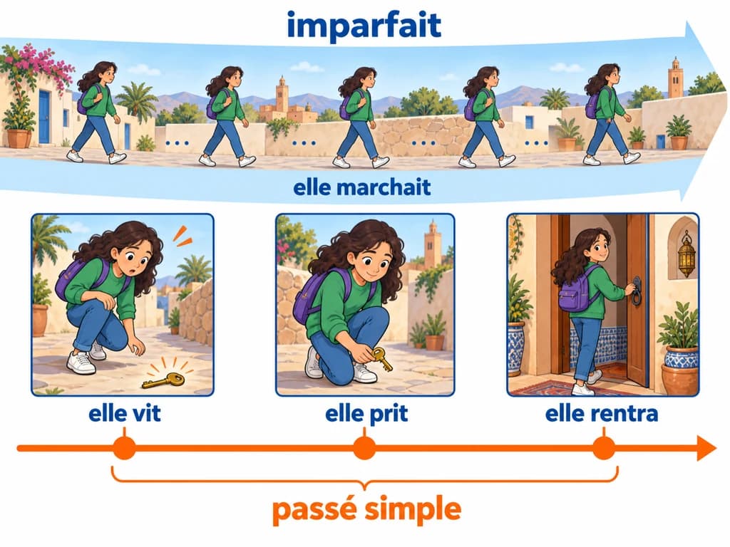 Une bande de fond représente elle marchait et trois événements successifs représentent elle vit, elle prit et elle rentra.
