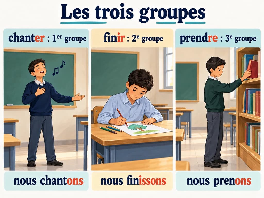 Trois garçons chantent, terminent un dessin et prennent un livre ; les formes nous chantons, nous finissons et nous prenons accompagnent les groupes.