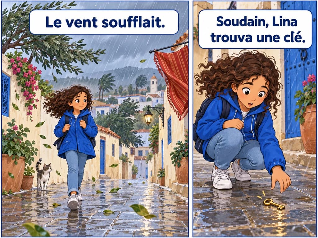 Dans un village venteux, Lina découvre une clé : le décor à l’imparfait accompagne un événement au passé simple.