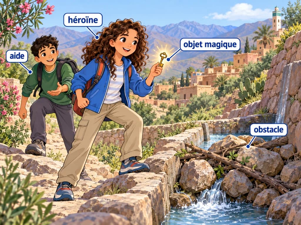 Une héroïne rencontre une aide et un obstacle dans un univers avec un objet magique.