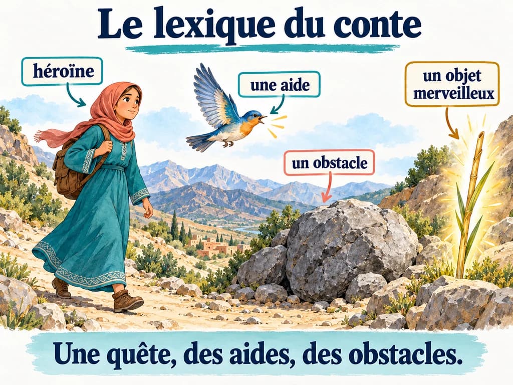 Une héroïne seule suit un chemin ; un oiseau, une pierre et un roseau illustrent l’aide, l’obstacle et l’objet merveilleux.